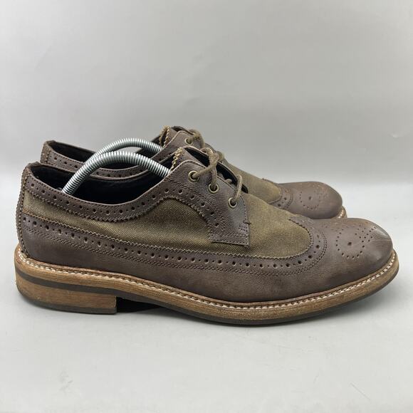 John Varvatos Shoes Mens Size 12 Brown Wingtip Oxford Leather Canvas Brogue - Picture 1 of 9
